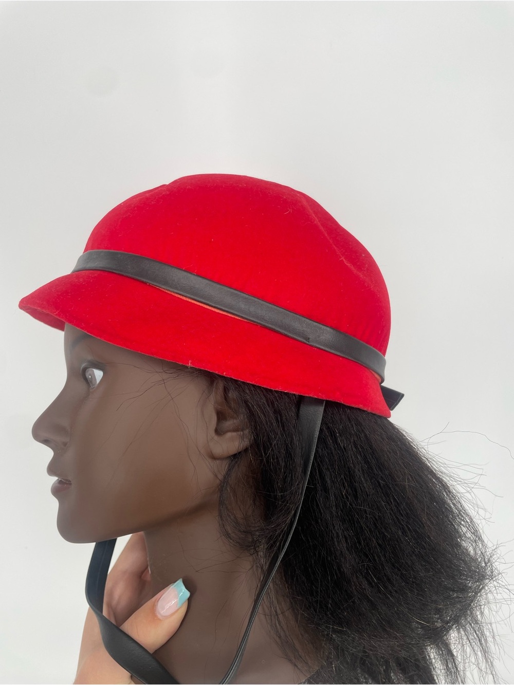 60s Mr. John Juniorette Red Riding Hat W Black Contrasting Trim & Chin Strap - Picture 7 of 11